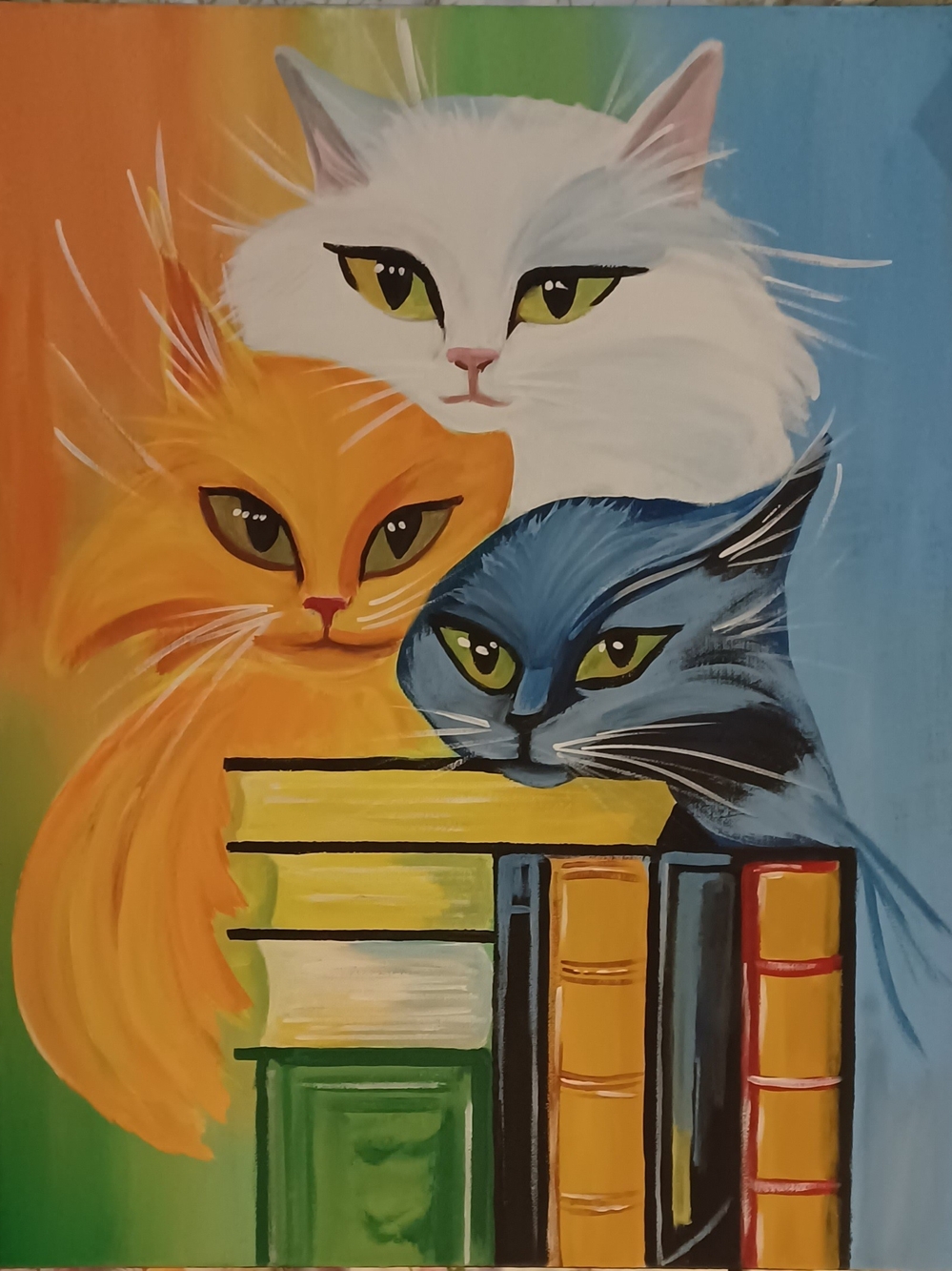 Artistic Cat Acrylic Painting Wall Art - Multicolor Cat Trio